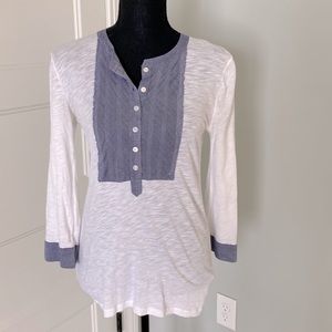 JCrew pullover with chambray detail.